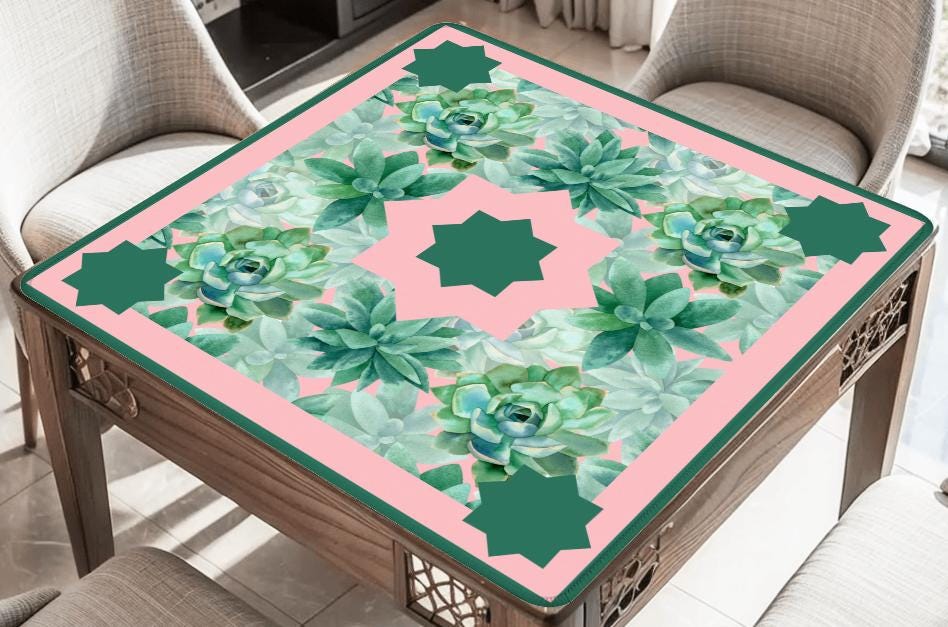 Emerald Pink Floral with Stars Mahjong Mat: Mahj Game Tabletop (31.5-inch)