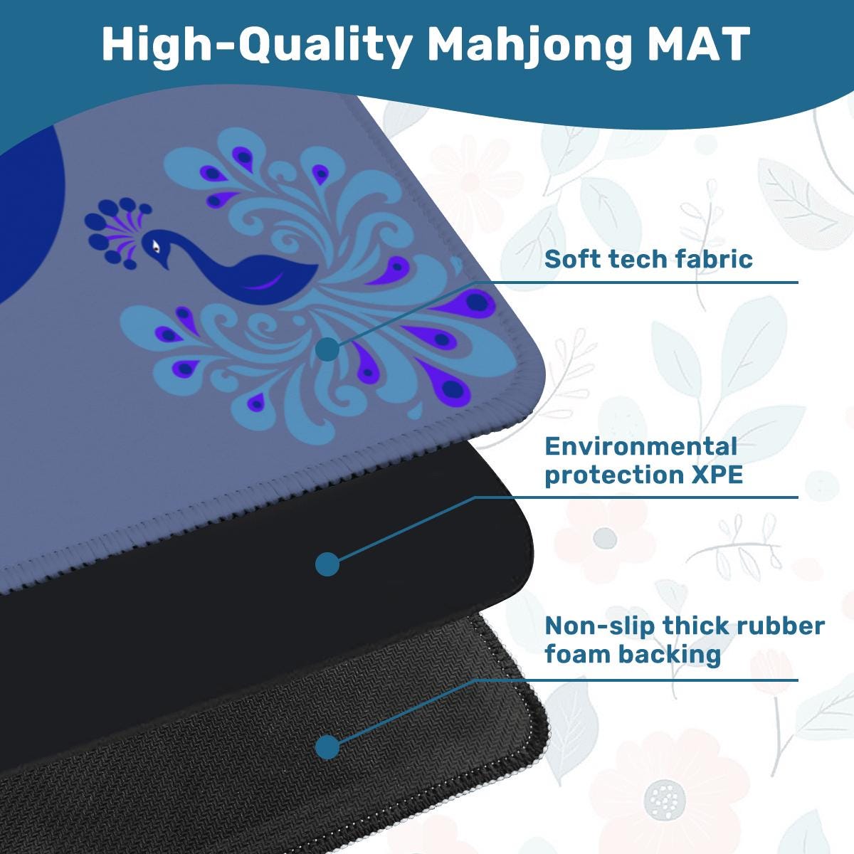Blue Peacock Mahjong Mat: Mahj Game Tabletop (31.5-inch)