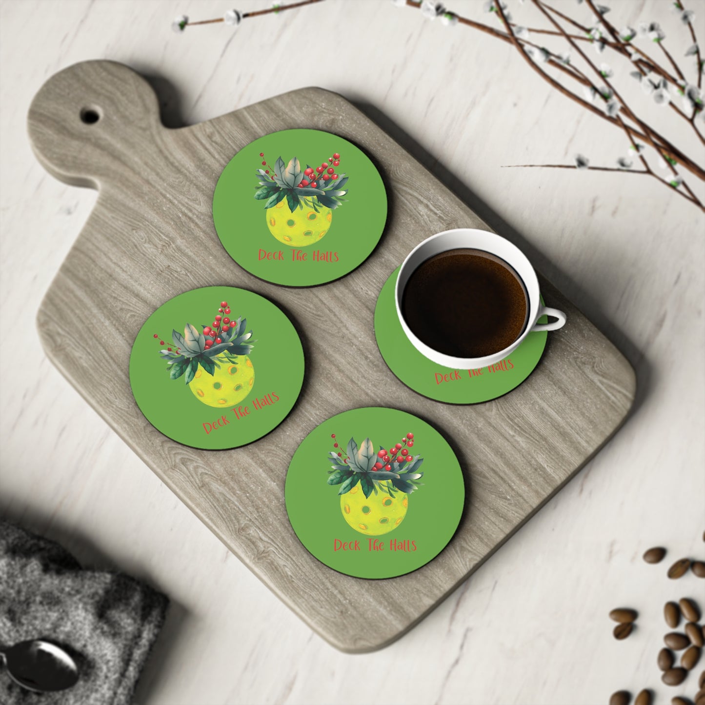 Festive Pickleball Holiday Coasters, Deck the Halls Drink Coasters, Christmas Home Decor, Eco-Friendly Beverage Coasters, Seasonal Tableware