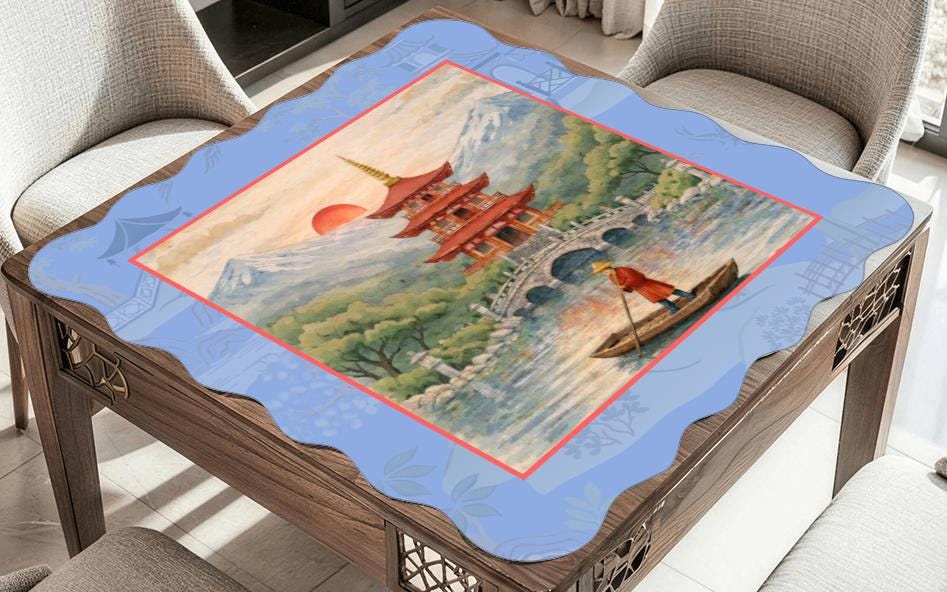 Red Pagoda Scalloped Mahjong Mat: Watercolor Inspired Mahj Game Tabletop (31.5-inch)