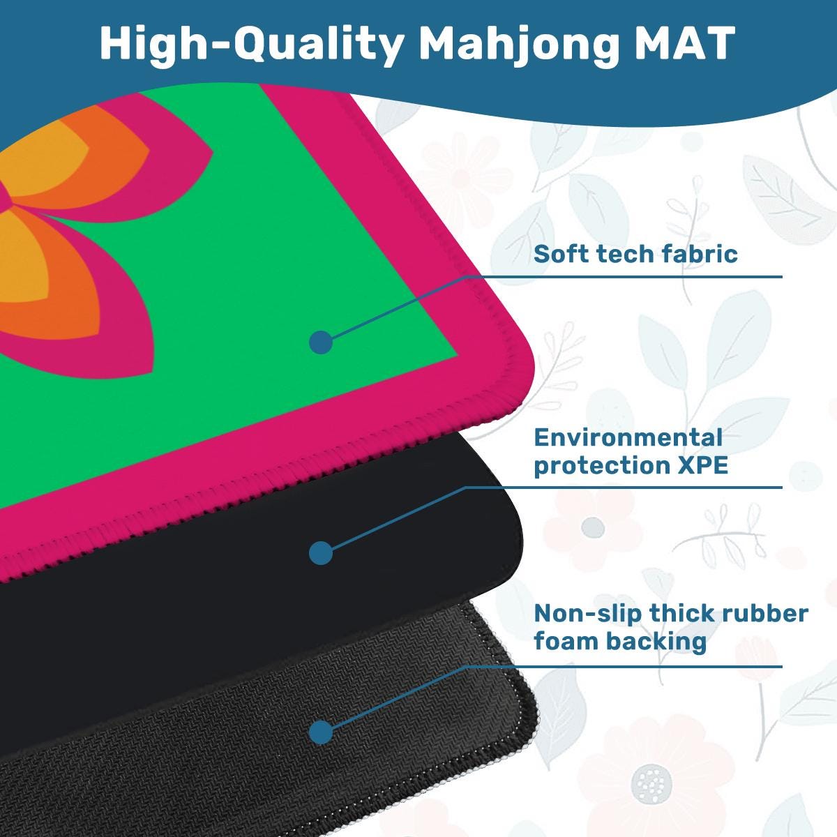 Sunset Flower Pink Green and Orange Mahjong Mat: Mahj Game Tabletop (31.5-inch)