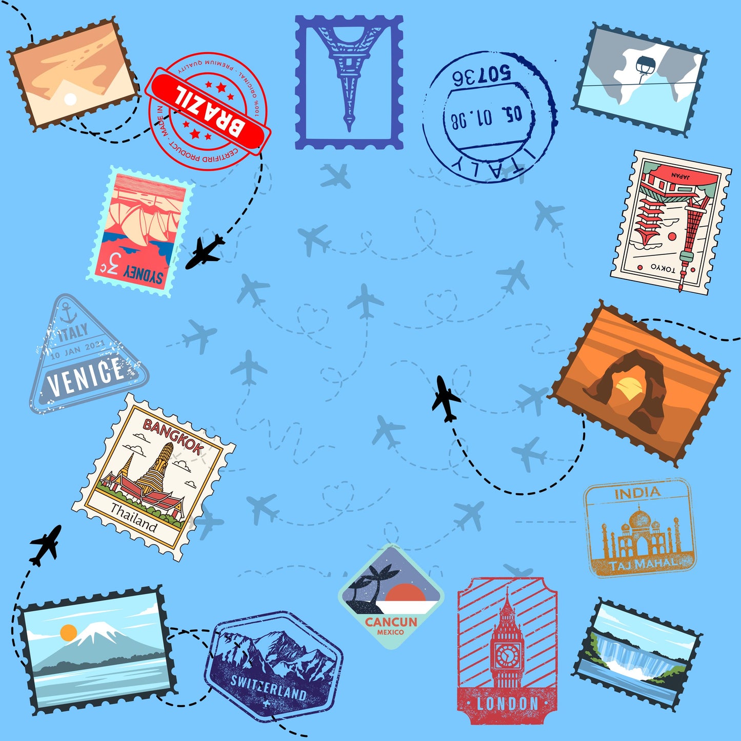 Travel Stamps Blue Travel Mahjong Mat: Mahj Travel-size (20.95-inch)