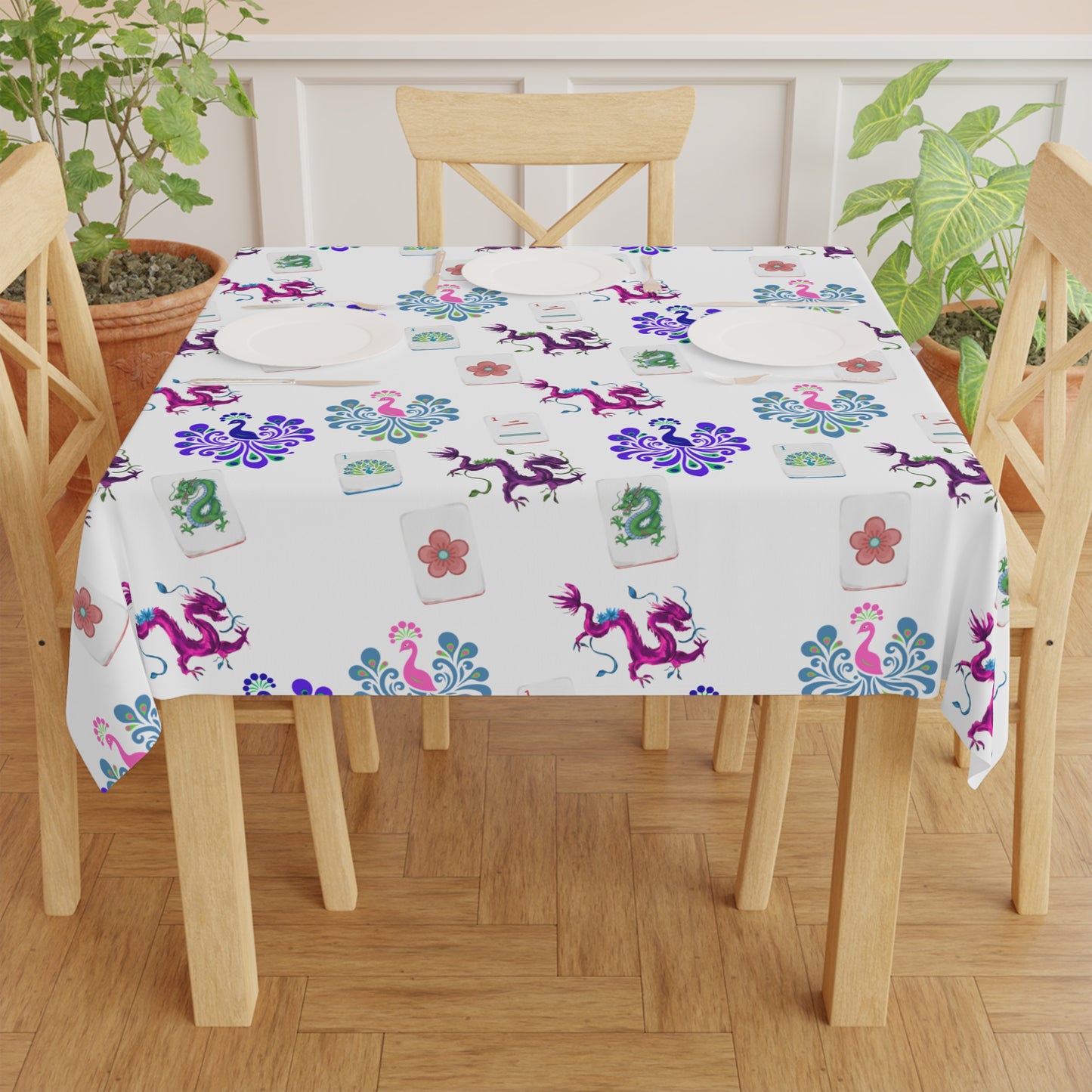 Mahjong Night Tablecloth, Easy to Clean, Vibrant Design, Colorful Table Setting, Game Night Decor, Washable Table Cover