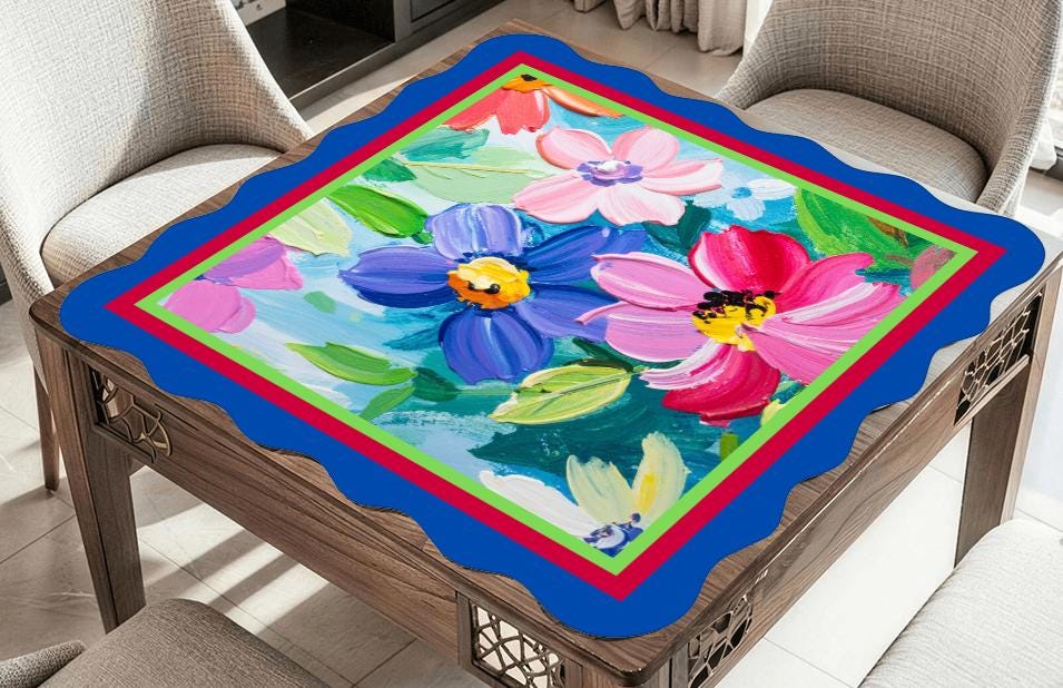 Scalloped Acrylic Flowers Mahjong Mat: Non-Slip Polyester