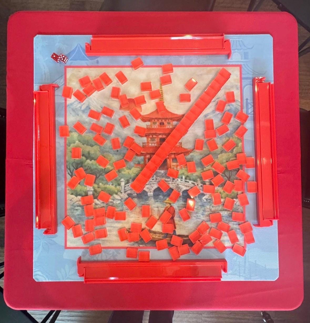 Red Pagoda Mahjong Mat: Watercolor Inspired Mahj Game Tabletop (31.5-inch)