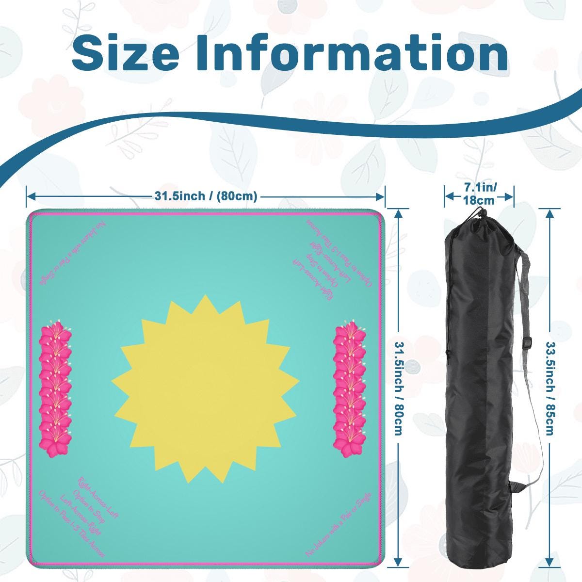 Sunny Day Turquoise Mahjong Mat with corner instructions: Mahj Game Tabletop (31.5-inch)
