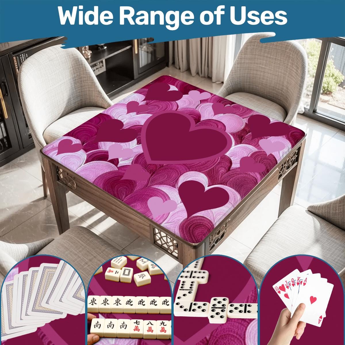 Multi Hearts Mahjong Mat: Mahj Game Tabletop (31.5-inch)