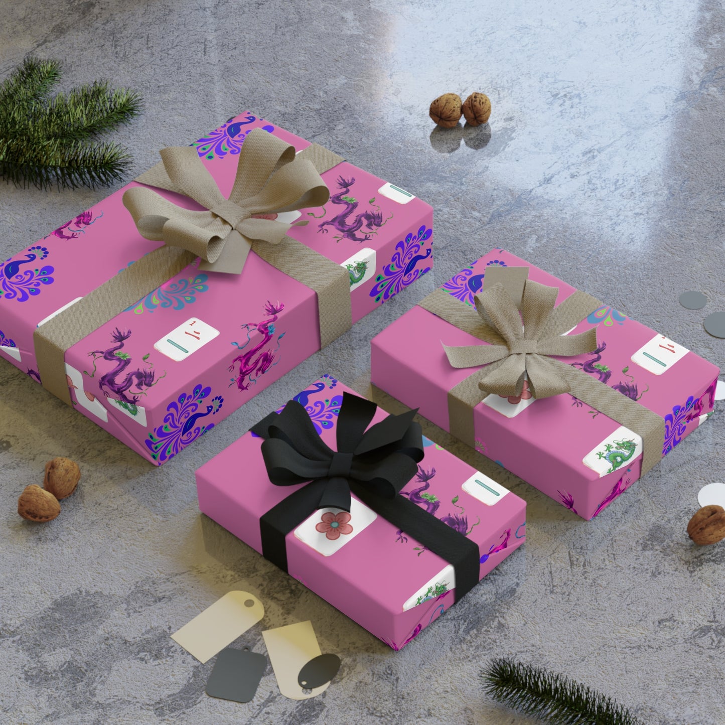 Mahjong Tiles Pattern Gift Wrap Roll | Pink Wrapping Paper