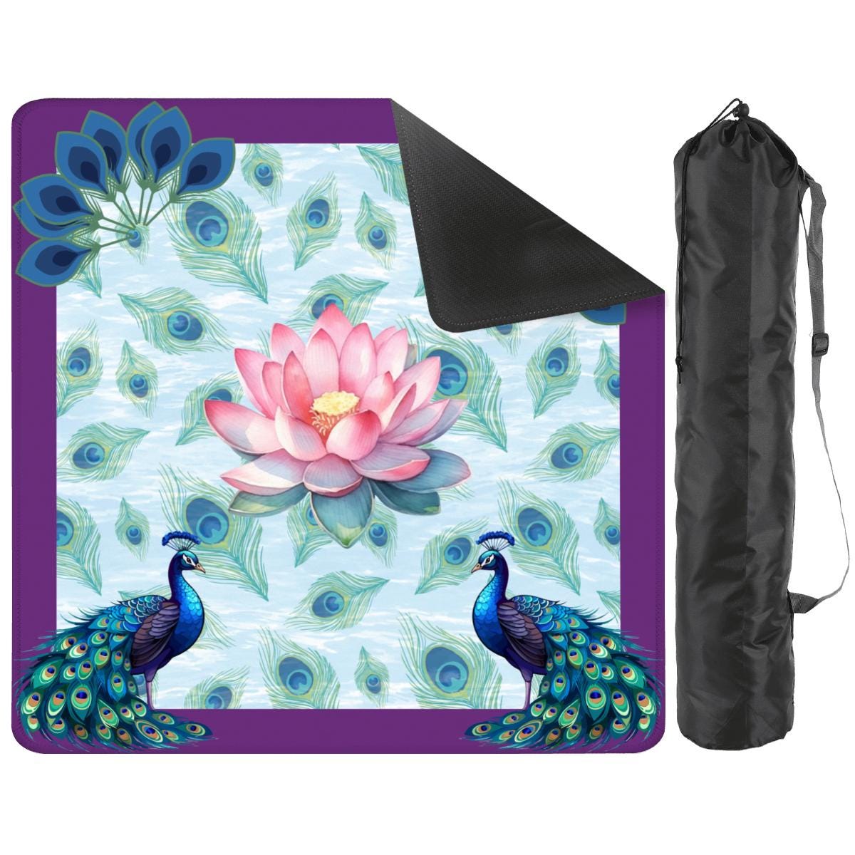 Peacock and the Lotus Mahjong Mat: Non-Slip Polyester, 31.5" Square