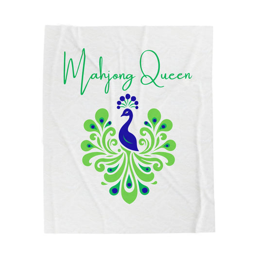 Mahjong Queen Velveteen Plush Blanket | Peacock Design, Green Blue Script