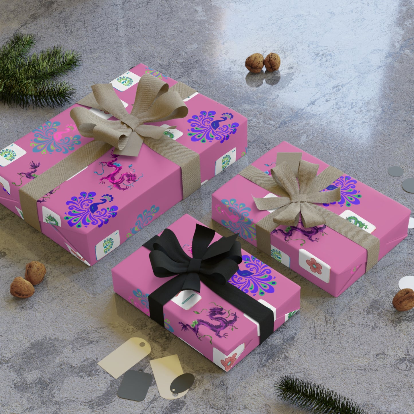 Mahjong Tiles Pattern Gift Wrap Roll | Pink Wrapping Paper