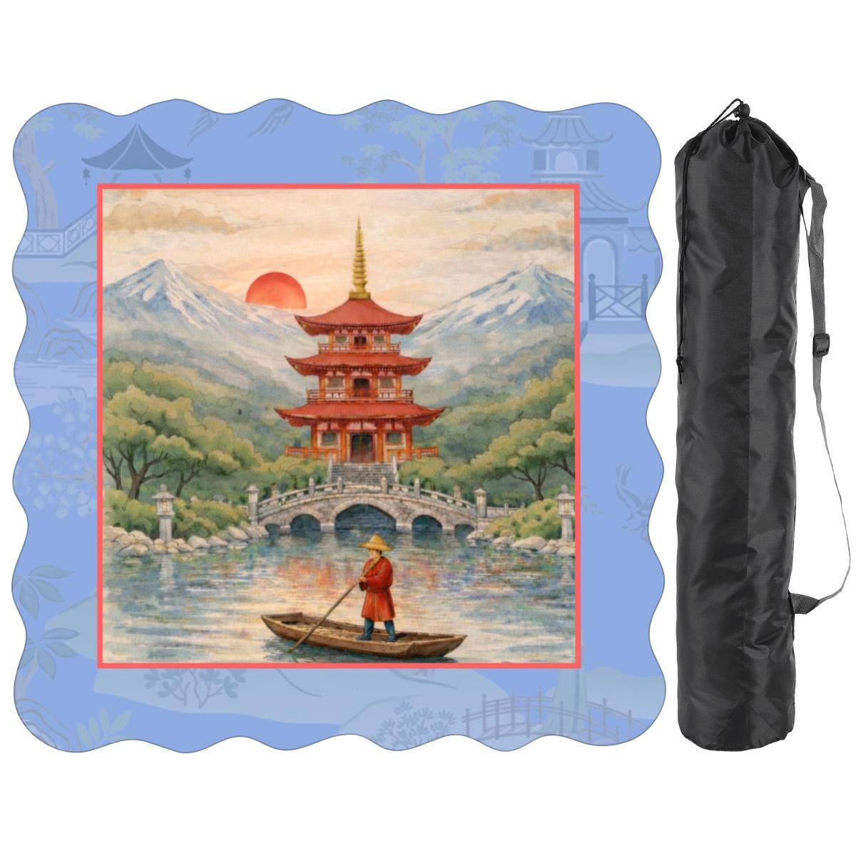Red Pagoda Scalloped Mahjong Mat: Watercolor Inspired Mahj Game Tabletop (31.5-inch)