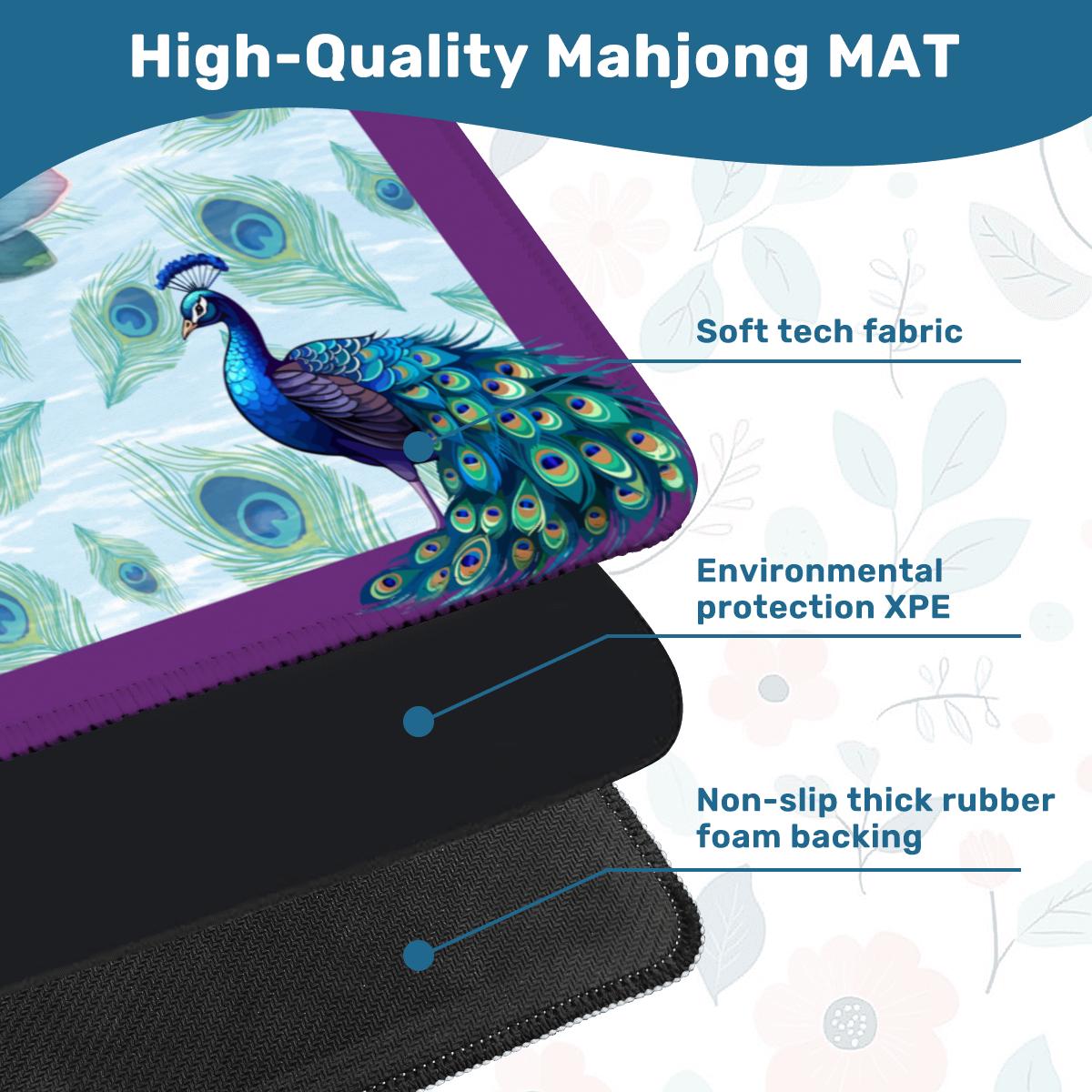 Peacock and the Lotus Mahjong Mat: Non-Slip Polyester, 31.5" Square