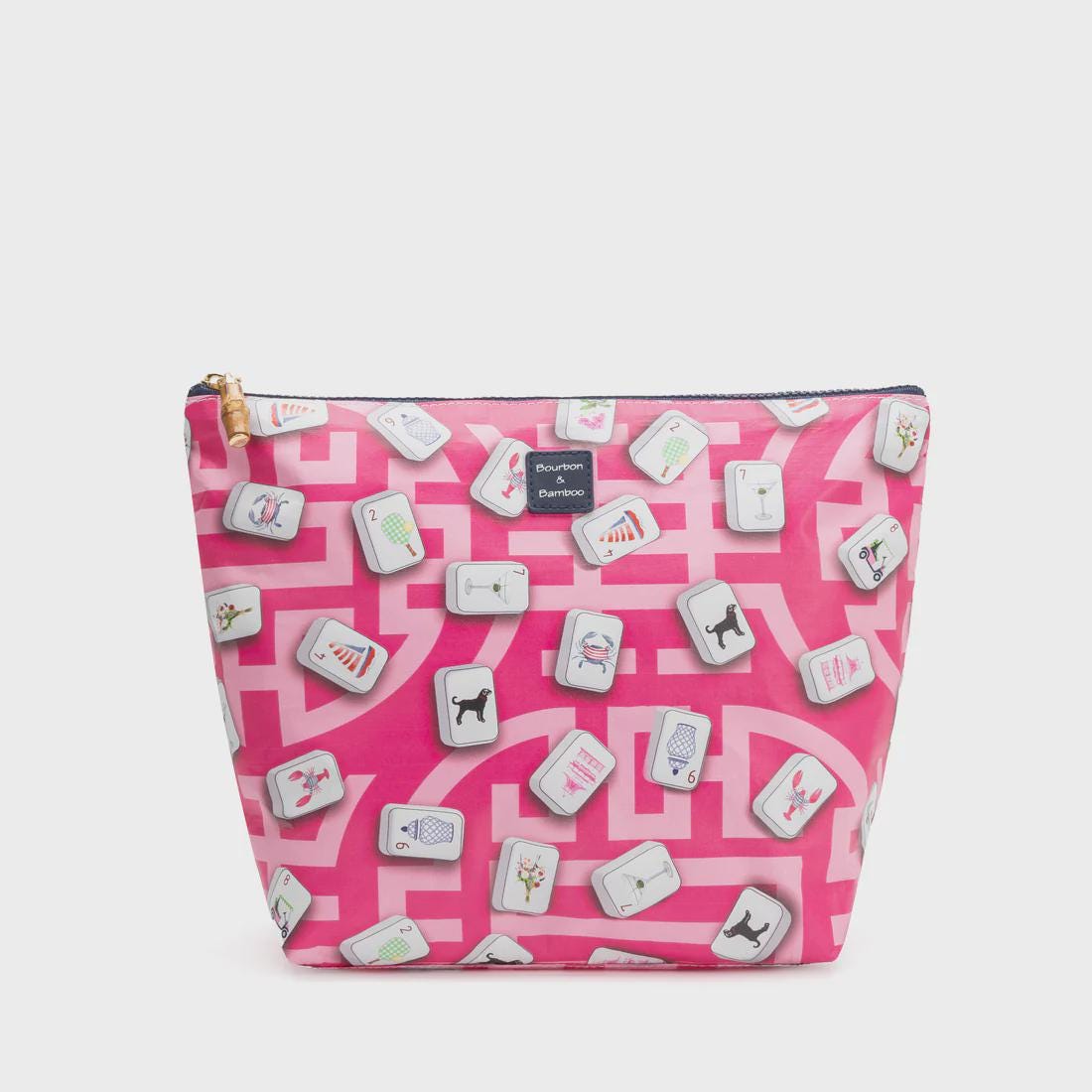 Mahjong Tile Pouch: Pink Travel Bag with Bamboo Zipper