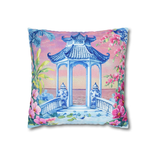 Seaside Pagoda Pillowcase Square Throw Pillowcase | Mahjong Inspired