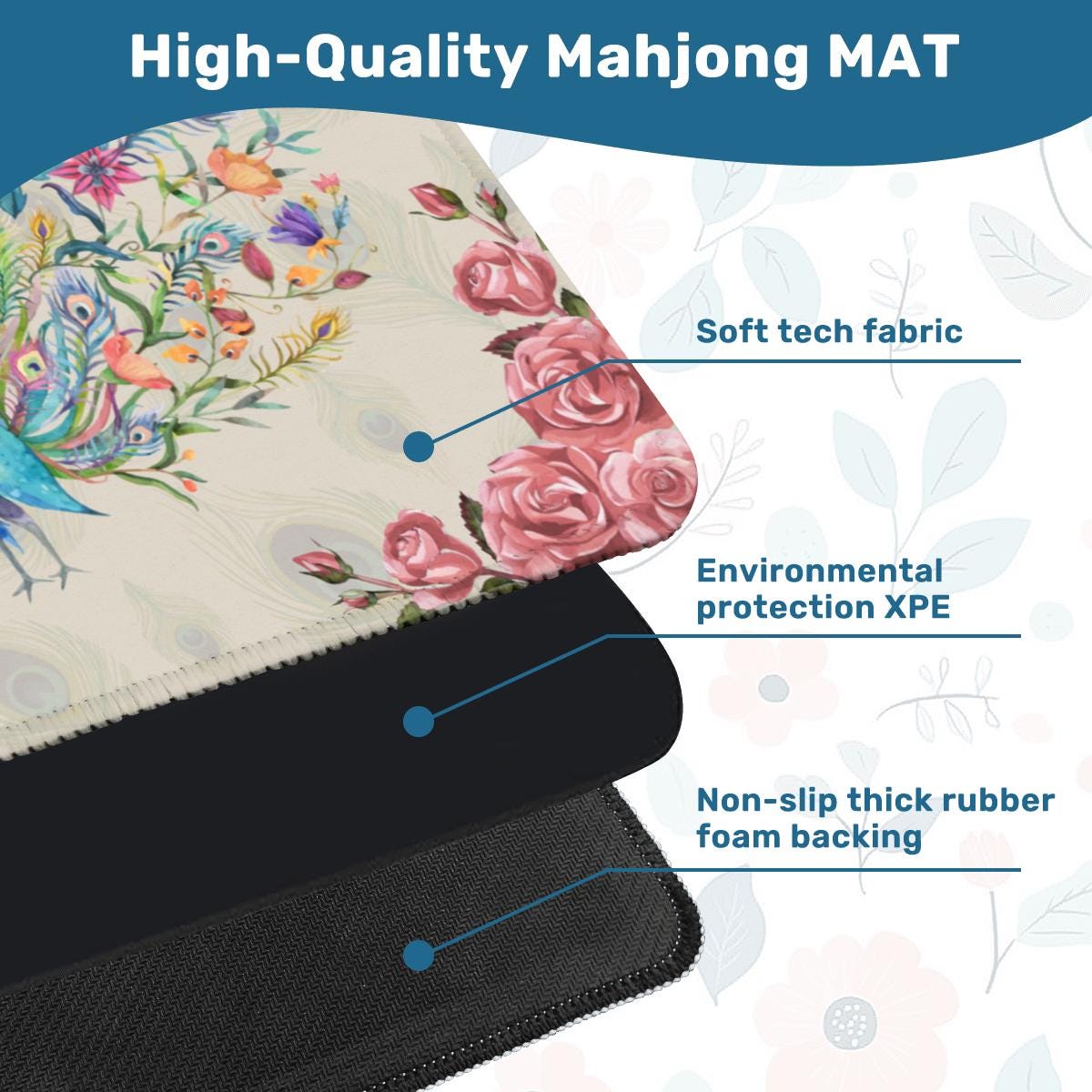 Peacock Rose Mahjong Mat: Mahj Game Tabletop (31.5-inch)