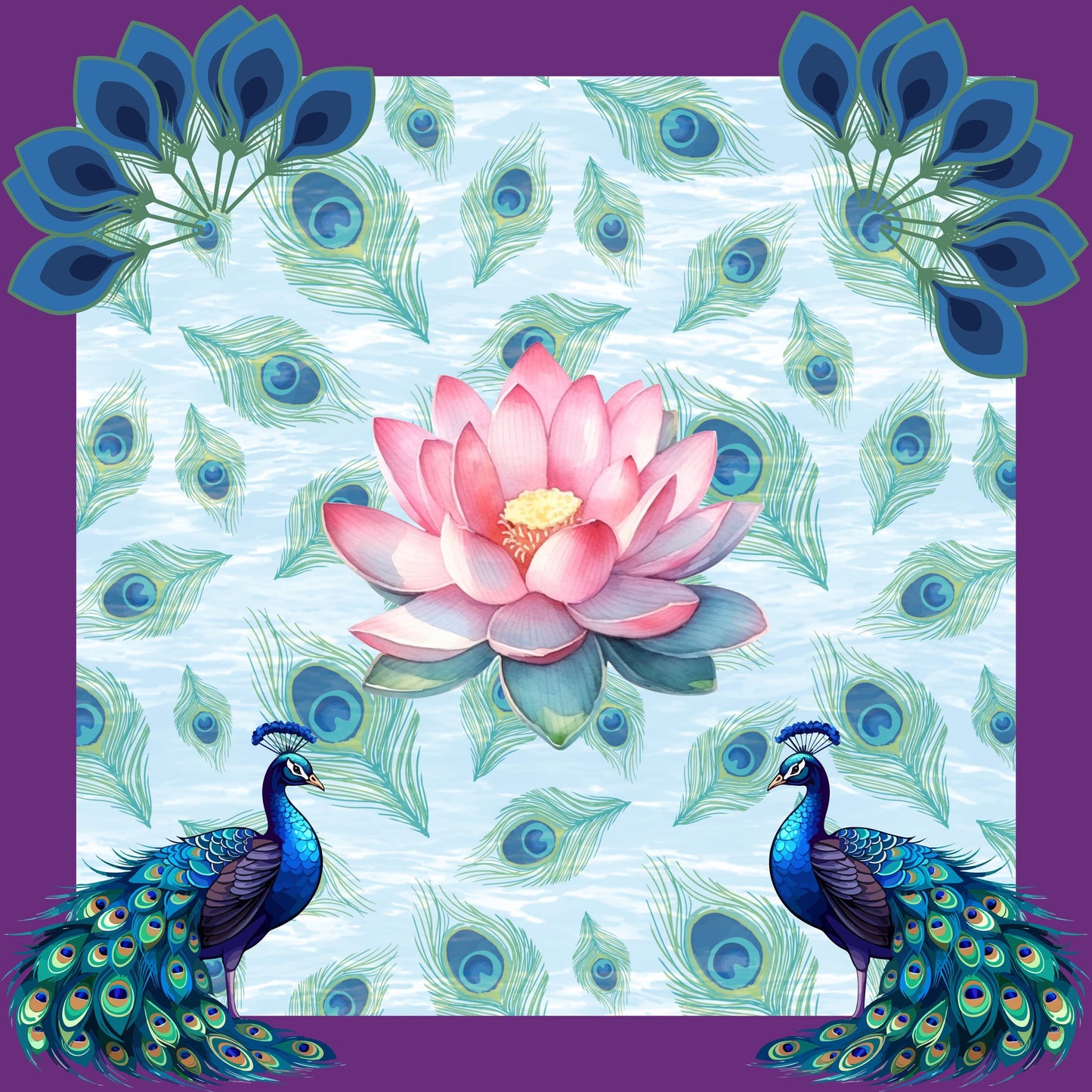 Peacock and the Lotus Mahjong Mat: Non-Slip Polyester, 31.5" Square