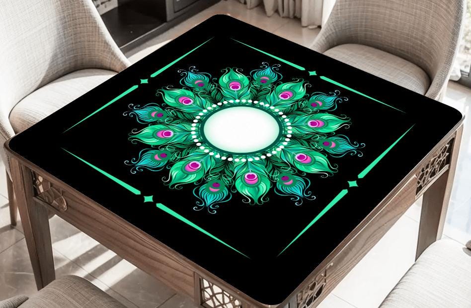 Black Peacock Circle Mahjong Mat: Mahj Game Tabletop (31.5-inch)