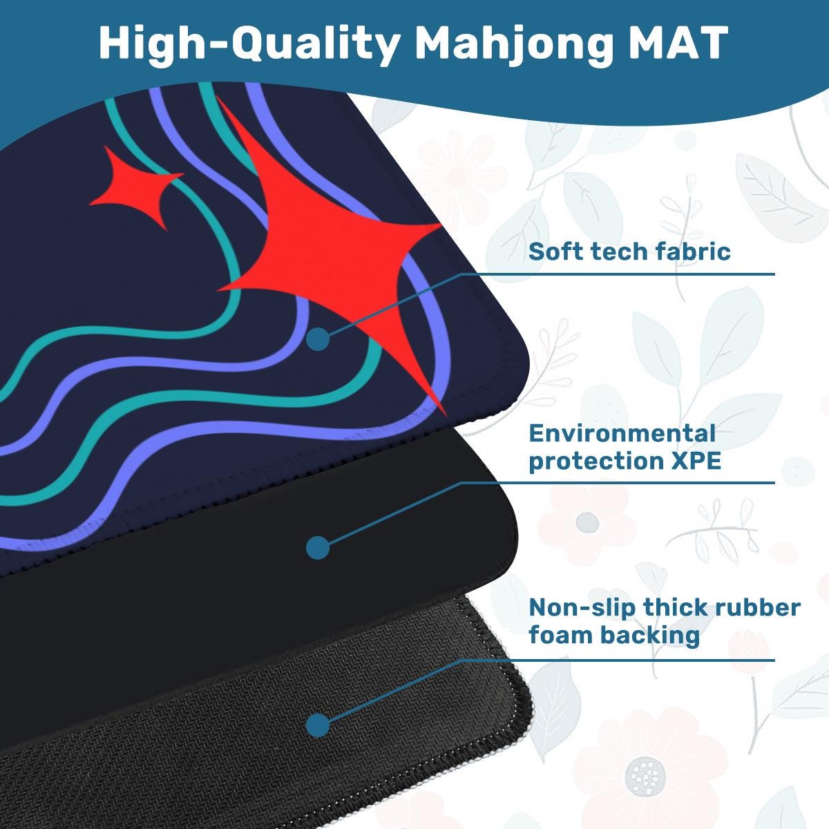 Navy and Red Pop Mahjong Mat: Multi-Color Floral Mahj Game Tabletop (31.5-inch)