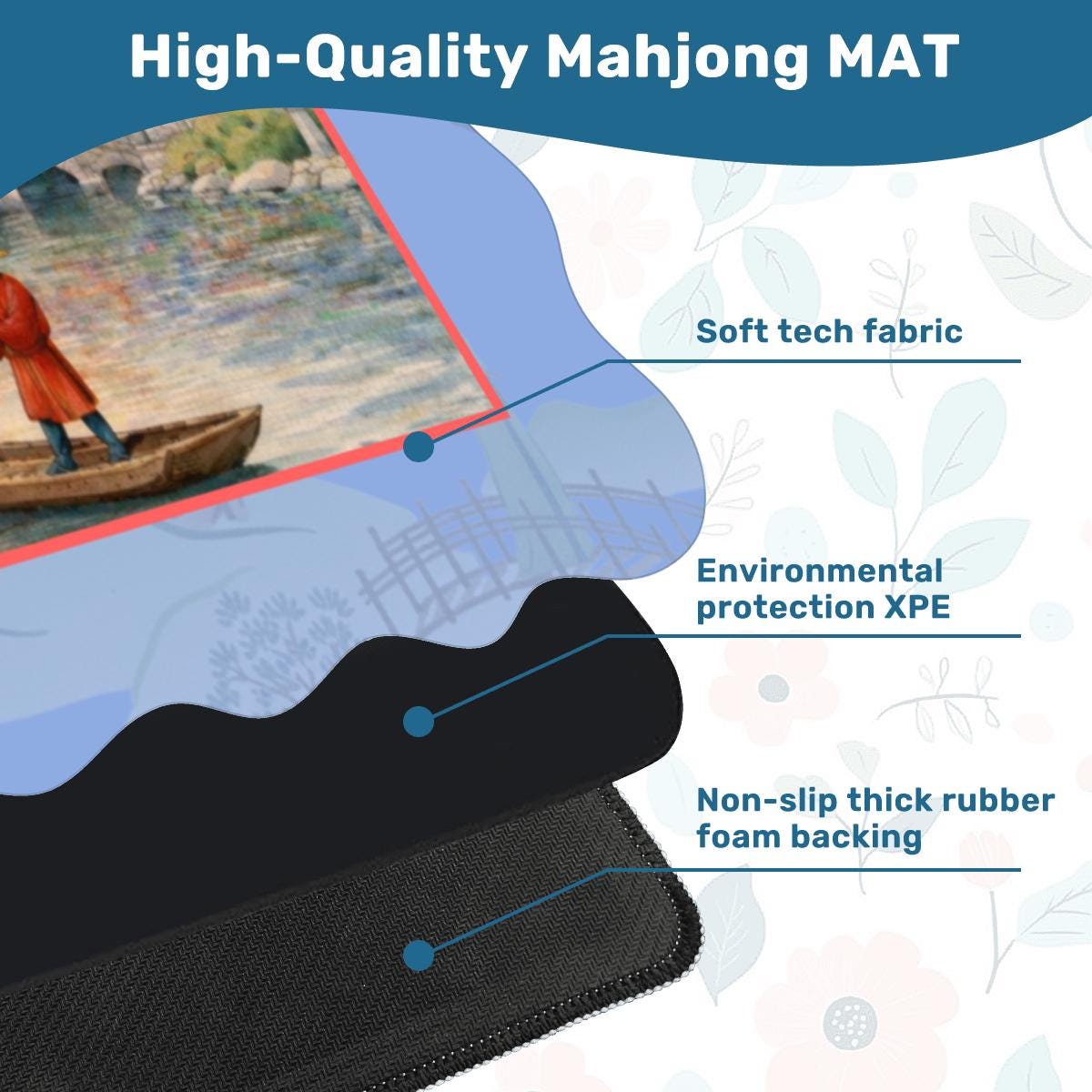 Red Pagoda Scalloped Mahjong Mat: Watercolor Inspired Mahj Game Tabletop (31.5-inch)