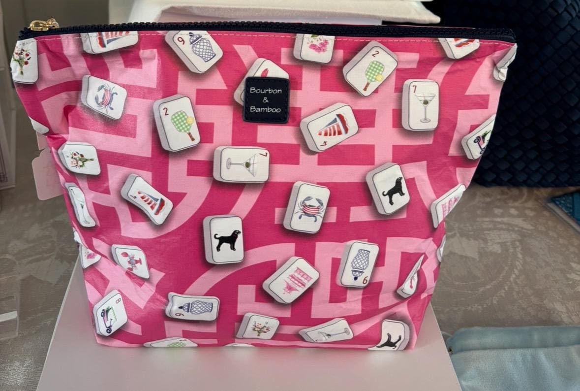 Mahjong Tile Pouch: Pink Travel Bag with Bamboo Zipper