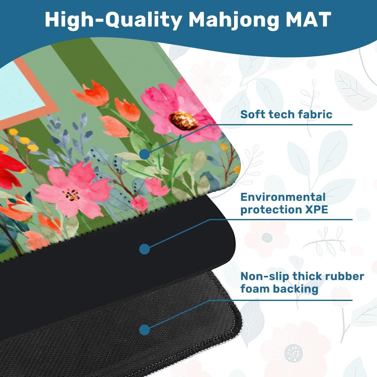 Blue and Coral Floral Mahjong Mat: Mahj Game Tabletop (31.5-inch)